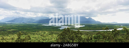 The wonderful wide aspect Hinchinbrook channel lookout view as the weather clears, the sky lightens and conditions calm after a storm has passed Stock Photo
