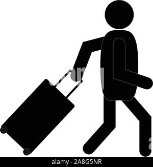 man with luggage icon on white background. passenger pulling rolling bag sign. flat style. Stock Vector