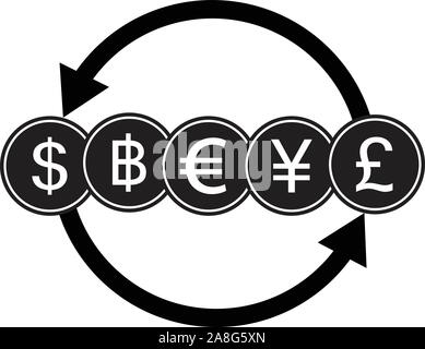 banking currency sign. Dollar, Bath, Euro, Yen and Pound Cash transfer symbol. money transfer symbol. flat style. money exchange simple icon. Stock Vector