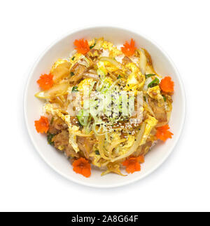 Butadon or Stir fried pork and egg on rice Japanese food fusion style decorate carved carrot top view Stock Photo
