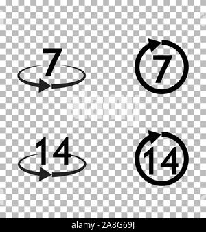 Return of goods within 7 or 14 days sign icon on transparent background. Warranty exchange symbol. Warranty 2 weeks. Stock Vector