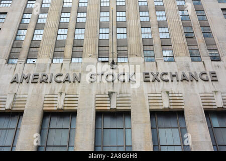 NEW YORK, NY - 05 NOV 2019: The American Stock Exchange (AMEX) was once the third-largest stock exchange in the United States. Stock Photo