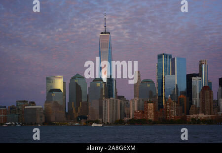 NEW YORK, NY - 04 NOV 2019: The Manhattan Skyline at dusk seen from Liberty State Park. Stock Photo