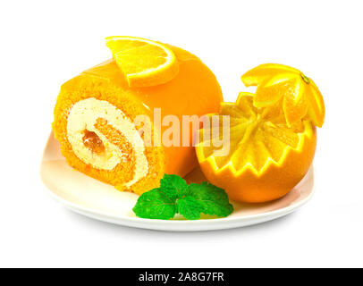 Orange Roll Cake with Fresh Orange carved style.Bakery cooked for break time,Tea time side view Stock Photo