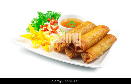 Vegetables Spring Roll deep fried Thai food fusion with Chinese style decorate with vegetables and sweet chili sauce side view Stock Photo