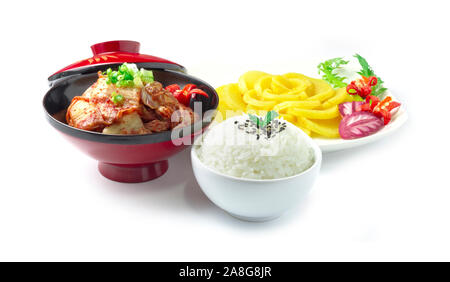 Rice on Bowl set with White Radish Pickled Katsuo Dried fish Japanese and Kimchi Korean style a famous food side dish in Japanese ,Korean and Thai sid Stock Photo