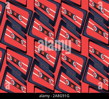 Compact cassette seamless pattern with floating or flying tape in perspective view Stock Vector