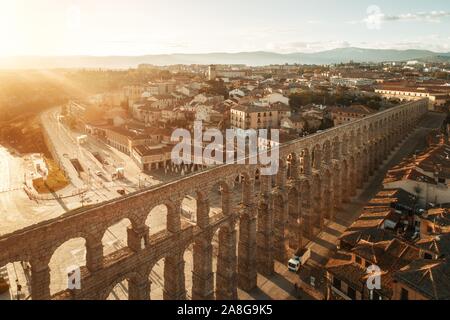 Segovia ancient Roman Aqueduct aerial view at night in Spain Stock ...