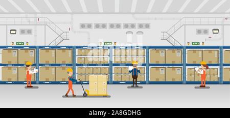 Warehouse in process with workers working flat design vector illustration Stock Vector