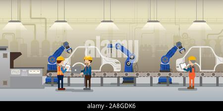 Automation automobile factory concept with robot assembly line in car factory vector illustration Stock Vector