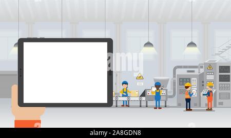 Hand hold empty screen tablet in factory with worker and machine flat design vector illustration Stock Vector