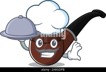 chef holding food cartoon character style with smoke pipe Stock Vector