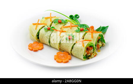 Egg Roll stuffed with ground pork and vegetable goodtasty Vietnamese Food mix Thai Food style decorate with carved carrots and spring onions chili sid Stock Photo