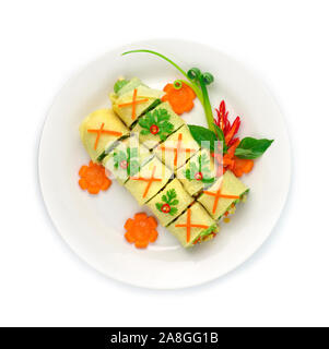 Egg Roll stuffed with ground pork and vegetable goodtasty Vietnamese Food mix Thai Food style decorate with carved carrots and spring onions chili top Stock Photo