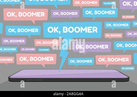 Vector of smartphone and multiple OK Boomer chat bubbles represents social media conflict between baby boomers and younger generations ignited by meme Stock Vector