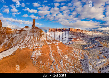 Clouds and snow at Castle Rock, proposed La Sa Waters Wilderenss, Utah, Castle Valley, Colorado River near Moab, Utah La Sal Mountains beyond Stock Photo