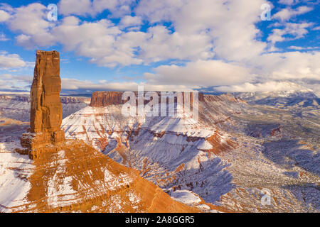 Clouds and snow at Castle Rock, proposed La Sa Waters Wilderenss, Utah, Castle Valley, Colorado River near Moab, Utah La Sal Mountains beyond Stock Photo