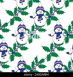 Christmas seamless pattern with snowman, fir trees and snowflakes. Perfect for wallpaper, wrapping paper, pattern fills, winter greetings, web page Stock Vector