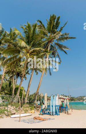 Surfboards and water sport at the Mirissa Beach, Sri Lanka Stock Photo