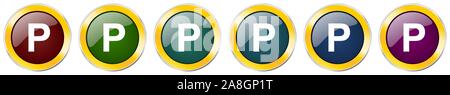 Parking glossy icon set, silver metallic golden vector illustrations in 6 options for web design and mobile applications Stock Vector