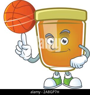 Honey in jar with holding basketball character shape. Stock Vector