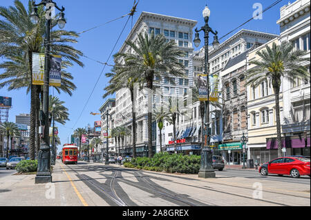 Streetcar on Canal Street in New Orleans. The historic French Quarter is a major tourist attraction. Stock Photo