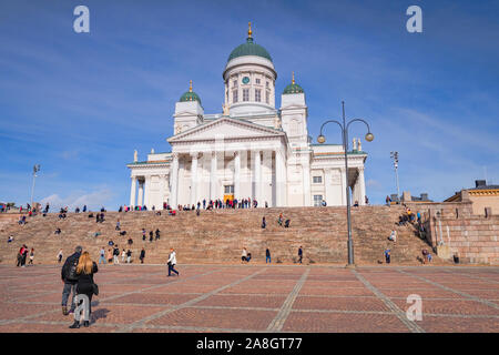 20 September 2018: Helsinki, Finland - Tourists at Helsinki Cathedral,  the Finnish Evangelical Lutheran cathedral of the Diocese of Helsinki, in... Stock Photo