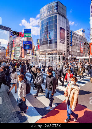 24 March 2019: Tokyo, Japan - The famous pedestrian scramble crossing at Hachiko Square, Shibuya, in Tokyo.