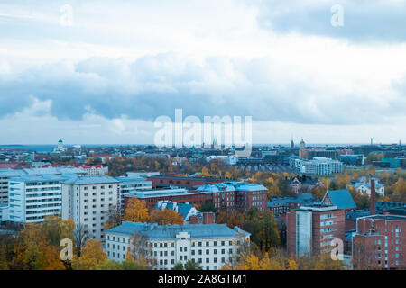 Aerial view of Helsinki Center at autumn cloudy evening. Stock Photo