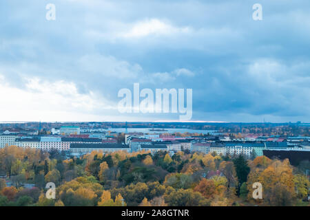 Aerial view of Helsinki Center at autumn cloudy evening. Stock Photo