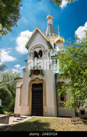 Rear entrance of the small Russian church St. Nicholas Stock Photo