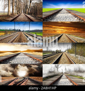 Train rails in many landscape collage Stock Photo