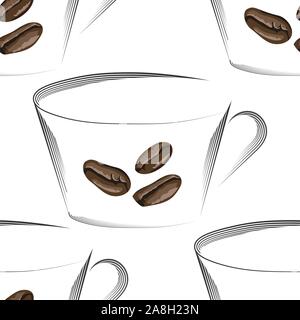 Coffee cup, beans. Abstract coffee cup for print design. Seamless background pattern. Seamless vector texture Stock Vector