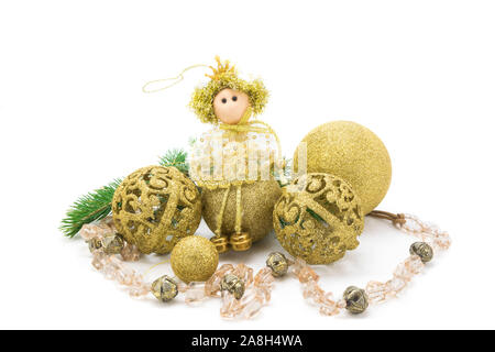 Christmasarrangement made of baubles, pearls and christmas tree brunch isolated on white background Stock Photo