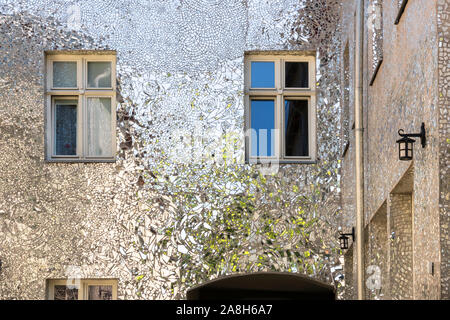 Polish city Lodz, interesting street with mirror buildings. Stock Photo