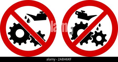 Do not lubricate / oil icon. Gear cogwheels with oilcan in red crossed circle, left and right version Stock Vector