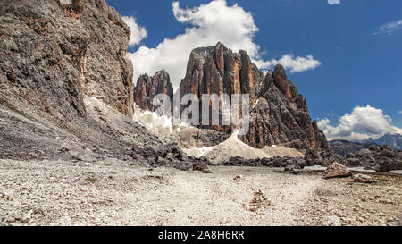 Sharp peaks of Pale di San Martino, in Pala group of Italian Dolomites on sunny day, deep blue sky background Stock Photo