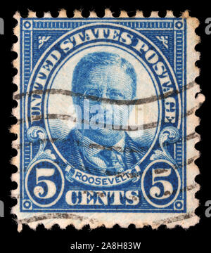 Stamp printed in the USA shows image of President Theodore Roosvelt, circa 1905 Stock Photo