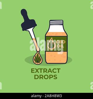 CBD Hemp oil signs. Open bottle with a pipette and a drop. Vector Illustration isolated on green Stock Vector