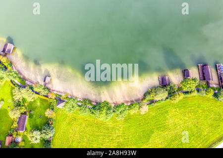 Aerial landscape from the drone. lake shore. Schliersee Germany Bavaria Stock Photo