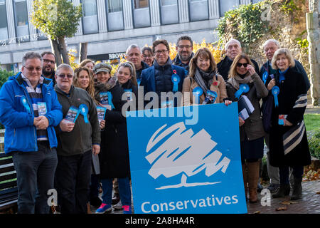 Brentwood Essex UK 9th Nov. 2019  General Election, Alex Burghart, conservative candidate  for Brentwood and Ongar constitunecy and former Private Parliamentary Secretary to Boris Johnson, out campaigning with his team in Brentwood Essex UK Credit Ian DavidsonAlamy Live News Stock Photo