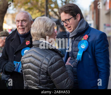 Brentwood Essex UK 9th Nov 2019  General Election, Alex Burghart, conservative candidate  for Brentwood and Ongar constitunecy and former Private Parliamentary Secretary to Boris Johnson, out campaigning with his team in Brentwood Essex UK Credit Ian DavidsonAlamy Live News Stock Photo