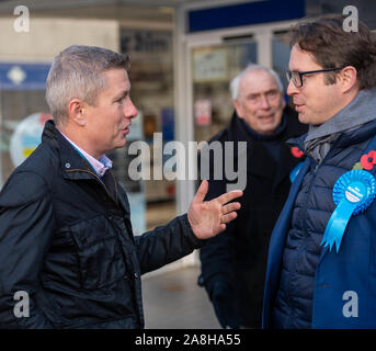 Brentwood Essex UK 9th Nov 2019 General Election, Alex Burghart, conservative candidate  for Brentwood and Ongar constitunecy and former Private Parliamentary Secretary to Boris Johnson, out campaigning with his team in Brentwood Essex UK  Michael Bond, Headmaster of Brentwood School (left) talks to Alex Burghart (Right) Credit Ian DavidsonAlamy Live News Stock Photo