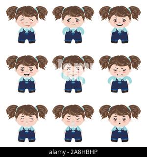 Set of different emotions of a cute girl vector illustration. Cartoon ...