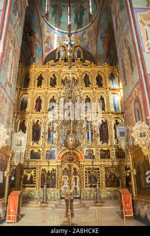 SERGIEV POSAD, MOSCOW REGION, RUSSIA - MAY 10, 2018: Trinity Lavra of St. Sergius, interior of the Assumption Cathedral. Five-tier iconostasis with an Stock Photo