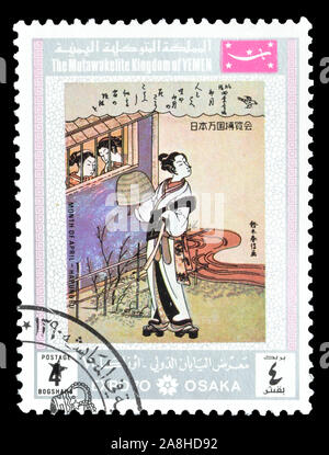 Cancelled postage stamp printed by The Mutawakkilite Kingdom of Yemen, that shows Painting by Harunobu, circa 1970. Stock Photo