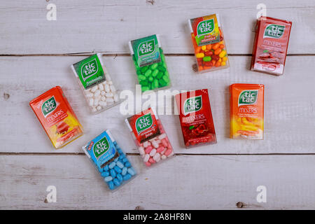 New York NY NOV 08 2019: Many Tic Tac Candy packages close up. Tic tac is popular hard mints produced by Ferrero since 1968 Stock Photo