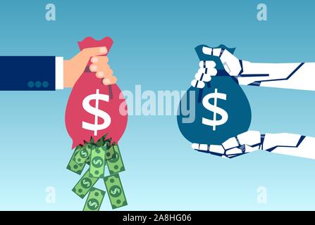 AI and business savings concept. Vector of a robot hand holding sack of money and businessman loosing profit due to inefficient management Stock Vector