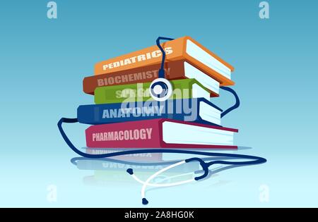Vector of a stethoscope and a pile of medical books on blue background Stock Vector