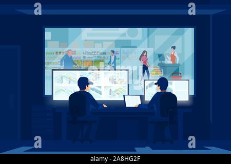 Vector of two security men looking at monitors of a surveillance cameras behind the glass window of a supermarket center Stock Vector